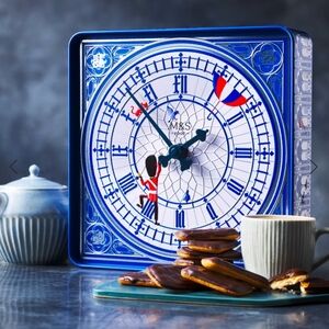 Marks and Spencer (M&S) Big Ben Tin that features a working clock on The lid